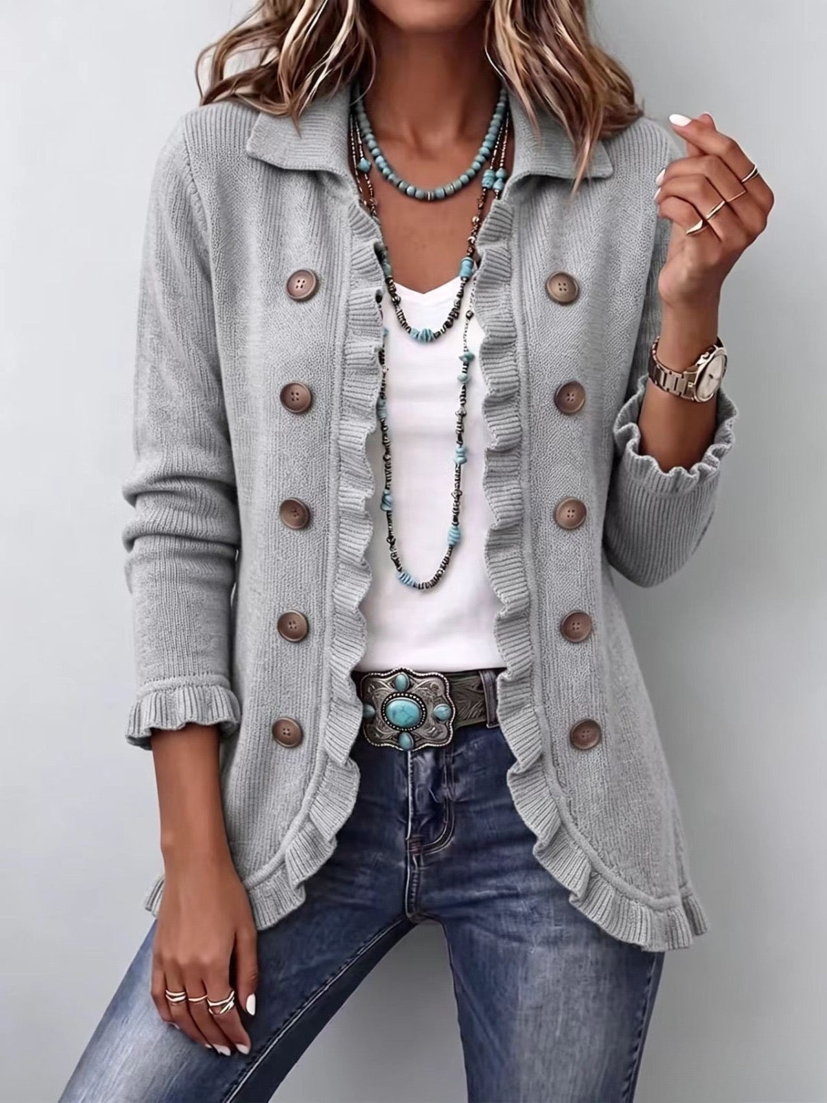 Eloísa | Giacca Donna in Maglia Grigio Mélange con Volant