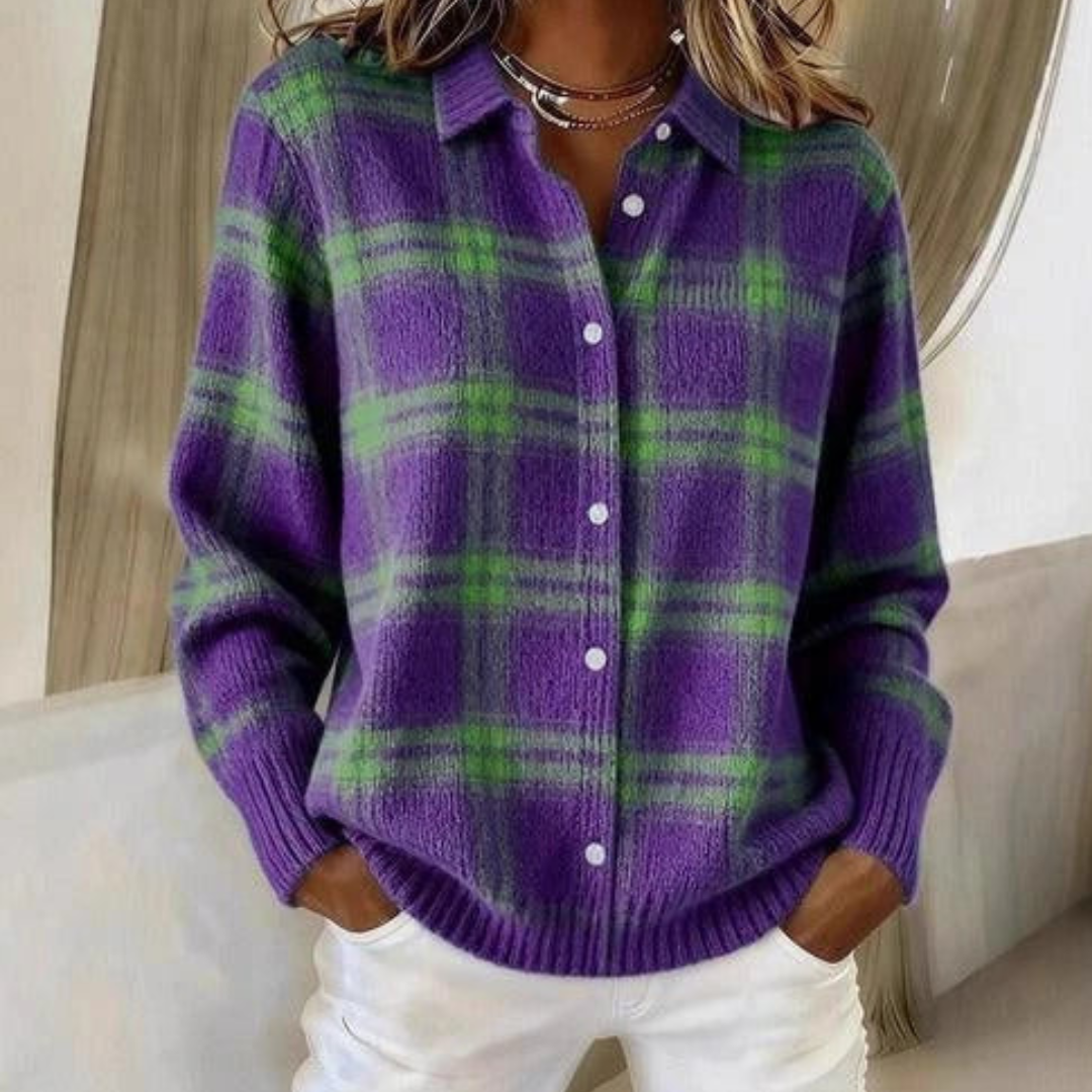 Fiorenza | Cardigan Donna in Maglia a Quadri Viola Scuro