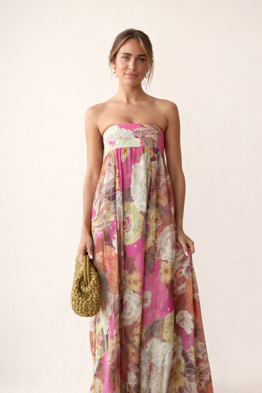 Abito Lungo Donna Strapless Floreale con Gonna Ampia