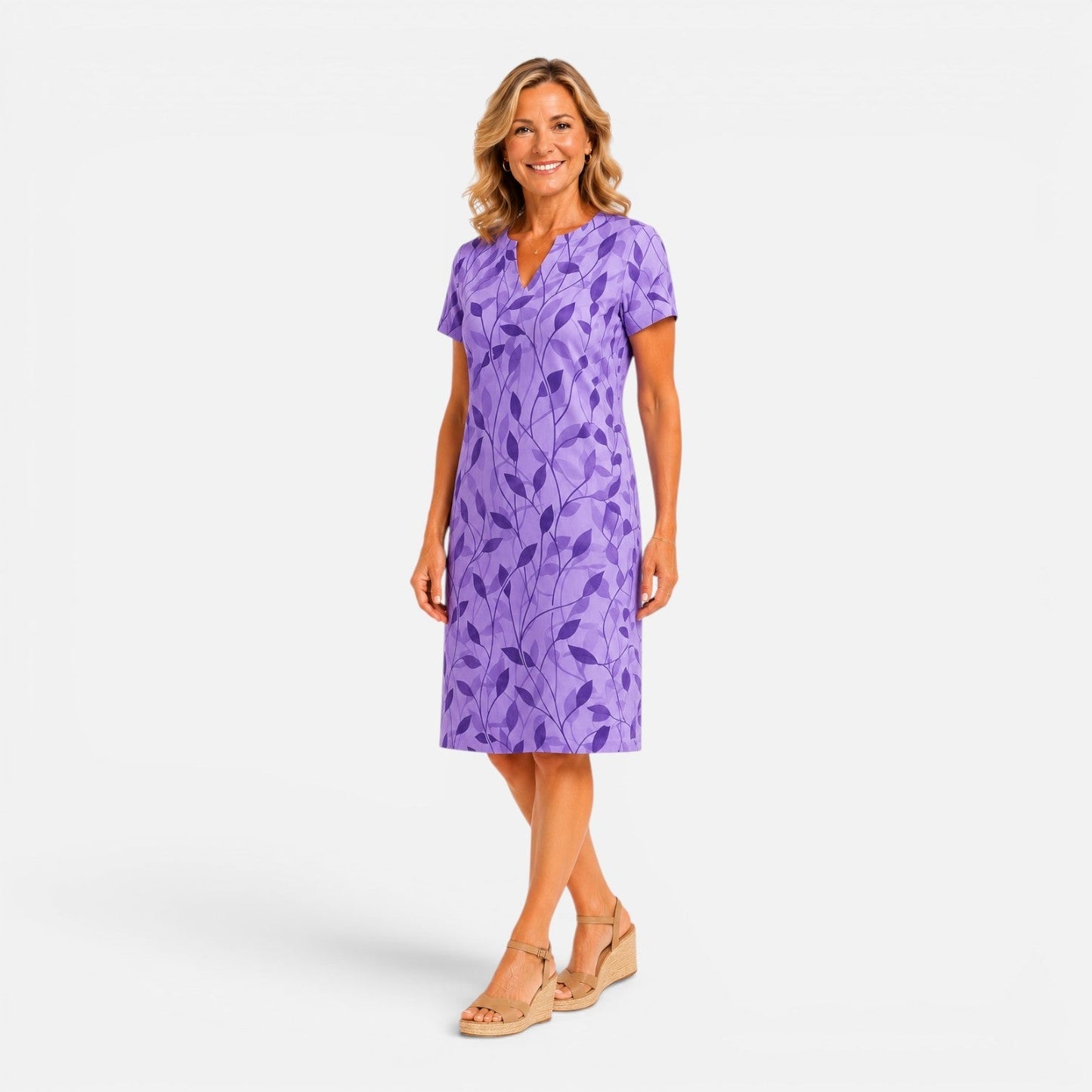 Abito Midi Donna Stampa Botanica con Maniche Corte
