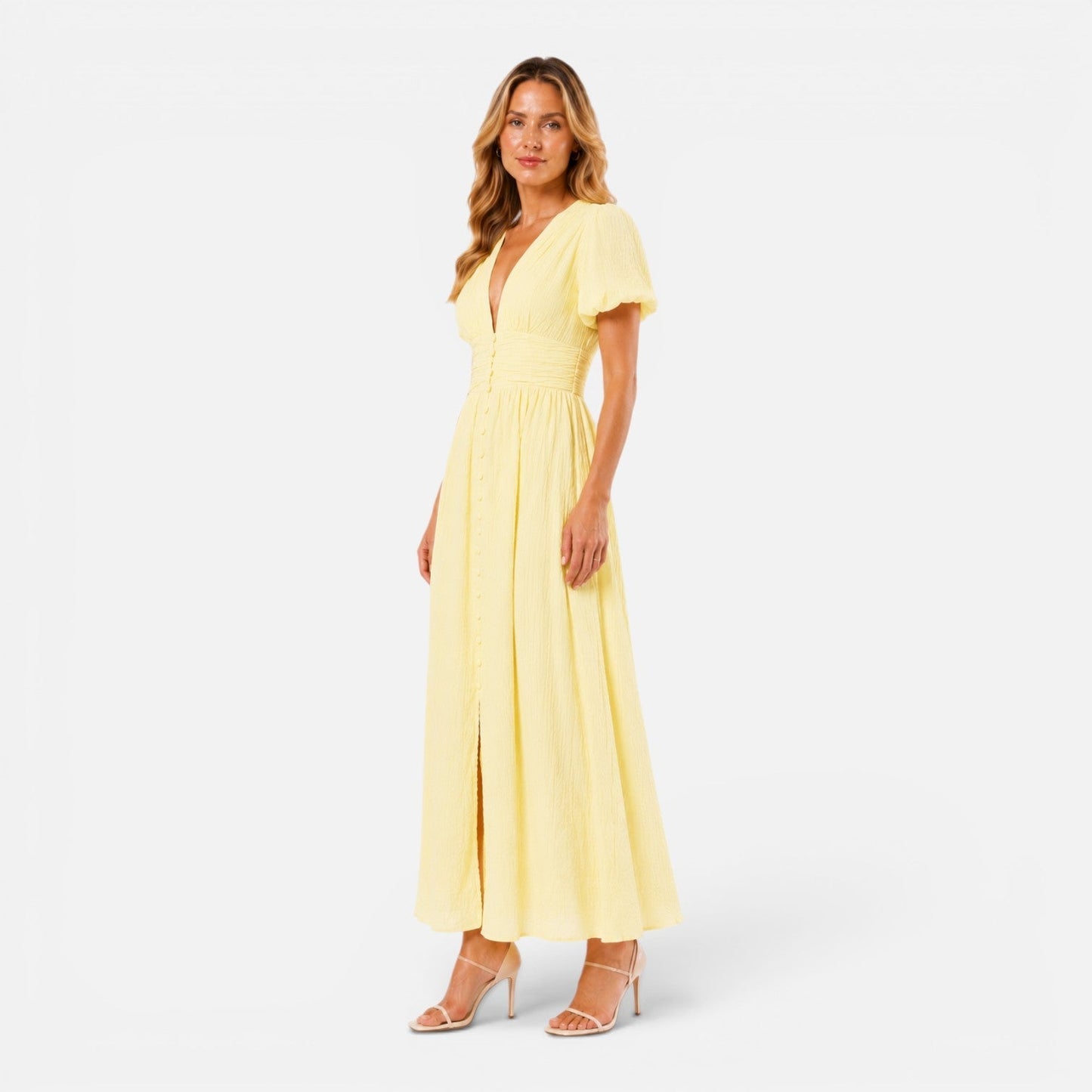 Abito Lungo Donna con Maniche a Sbuffo e Corpetto Smock