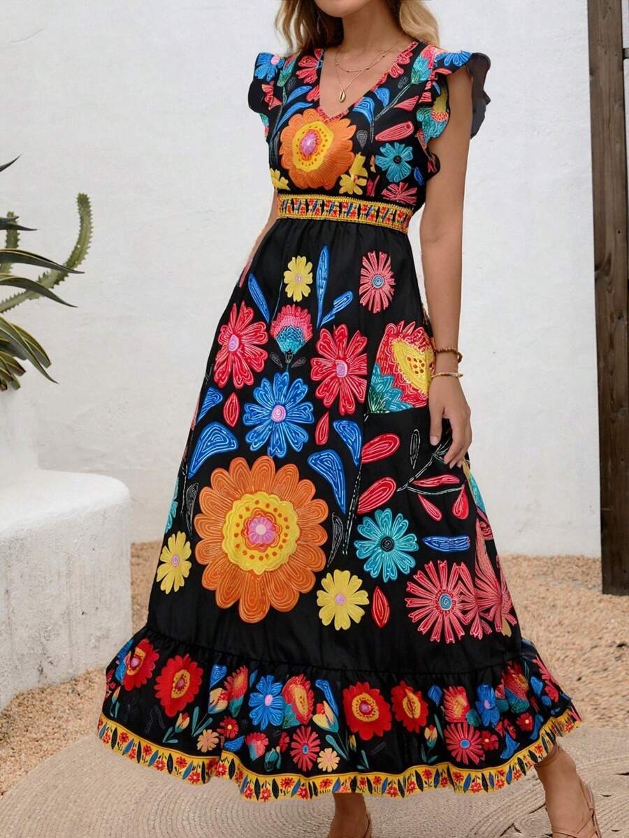 Abito Midi Donna Floreale con Volant