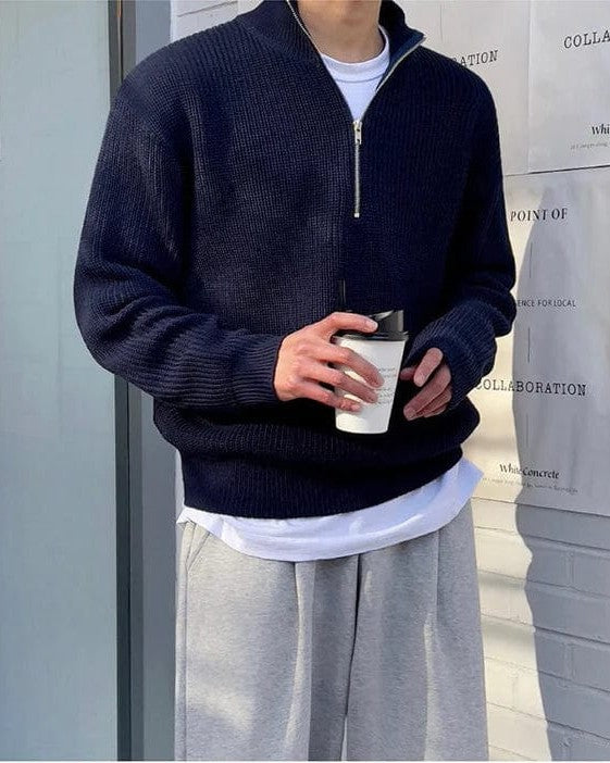 Maglione Uomo Lavorato con Zip a Metà Texture a Costine