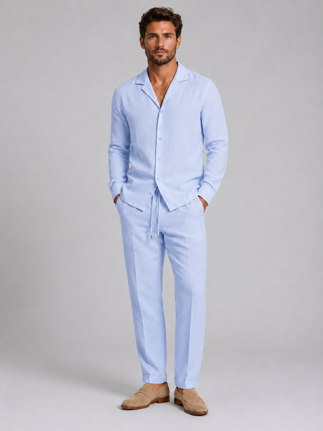 Completo Uomo Effetto Lino Camicia e Pantaloni Taglio Rilassato