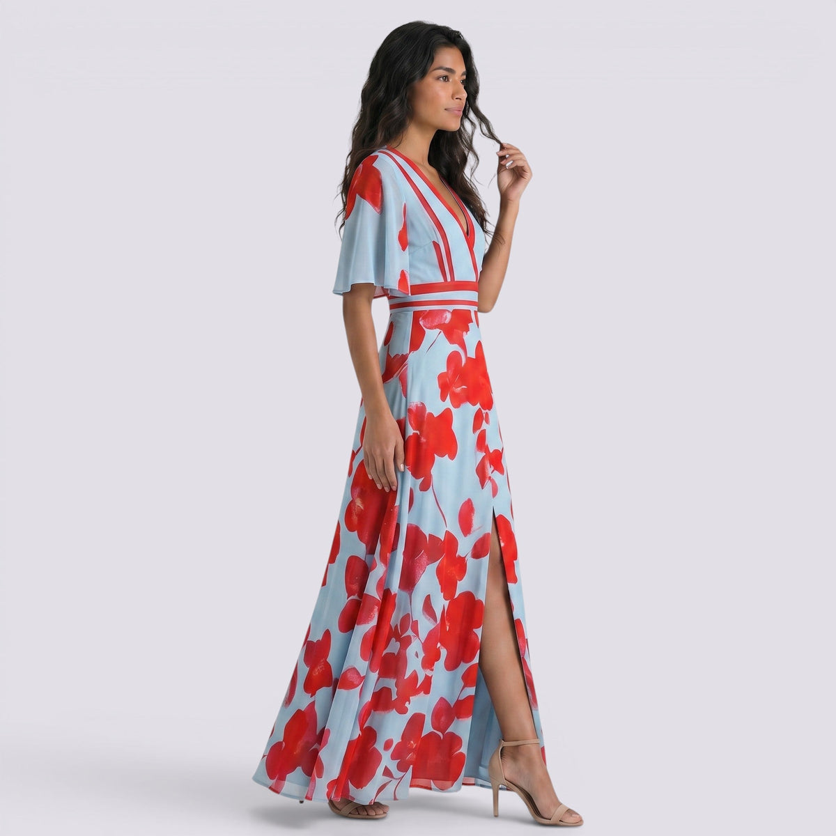 Abito Lungo Donna Boho Stampato con Scollo a V