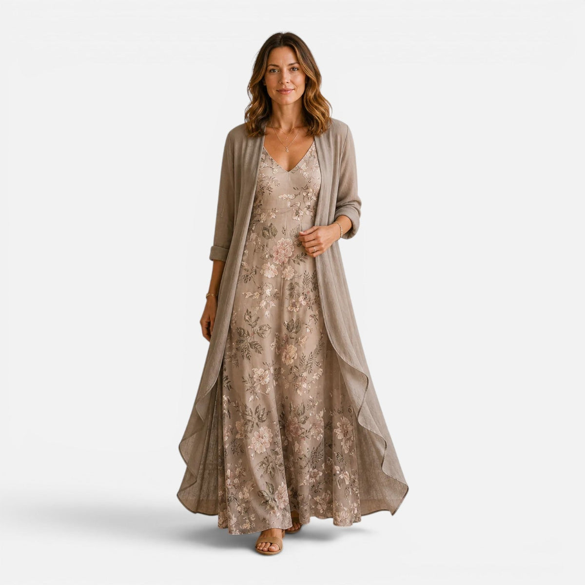 Abito Lungo Donna Ricamato con Giacca in Chiffon