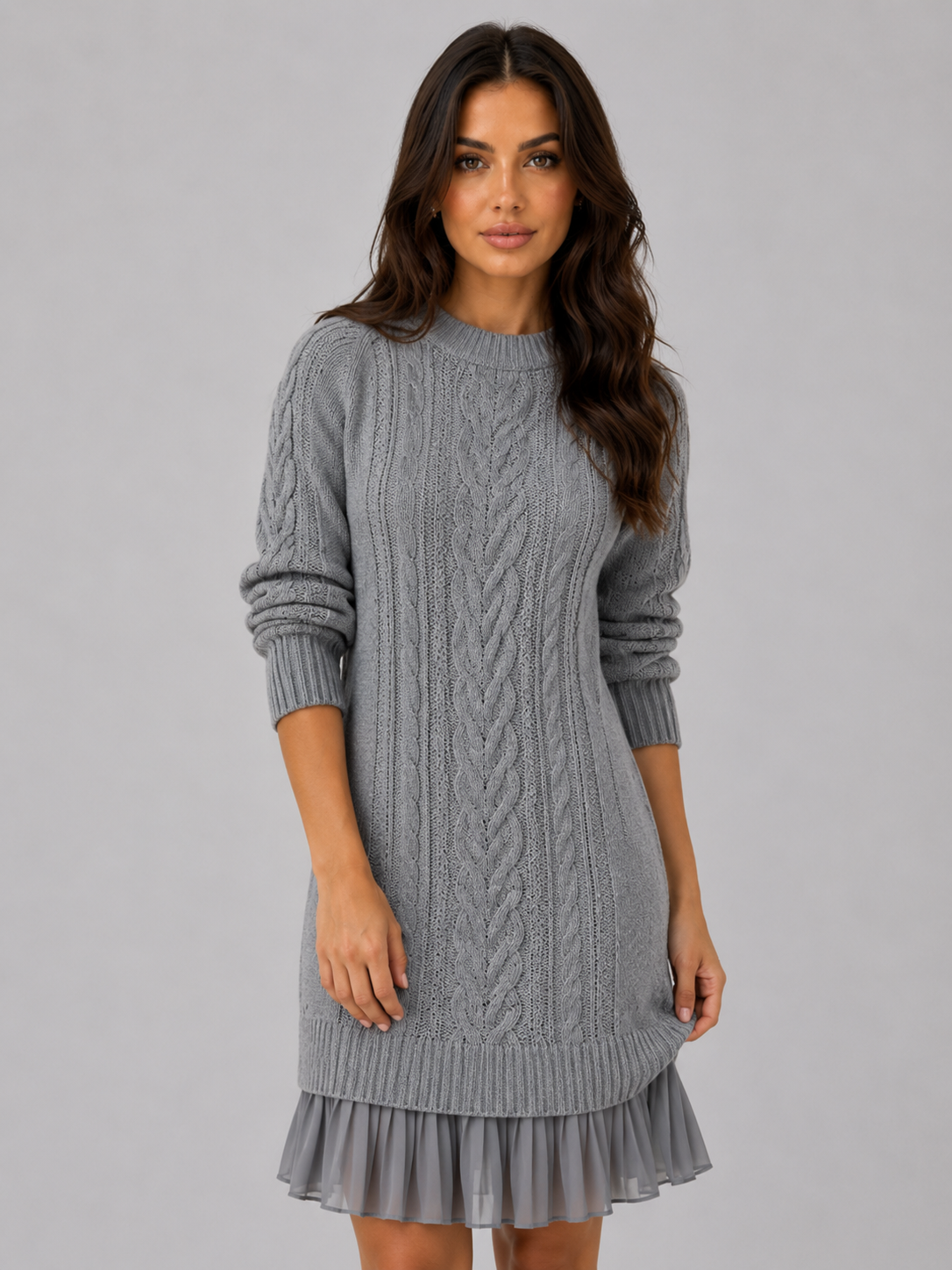 Abito Mini Donna in Maglia a Trecce con Orlo Plissettato