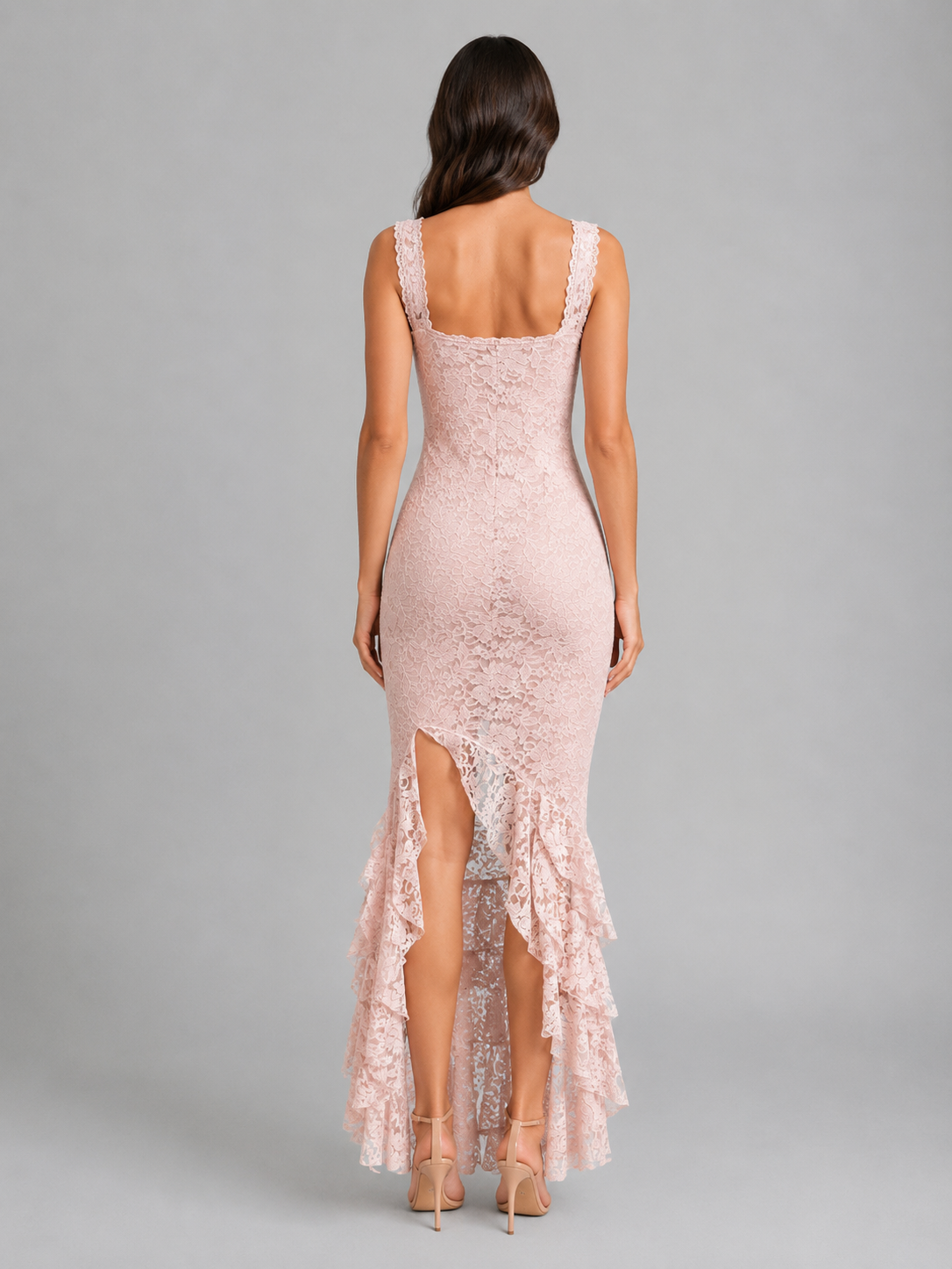 Abito Lungo Donna in Pizzo Floreale con Spacco e Balze