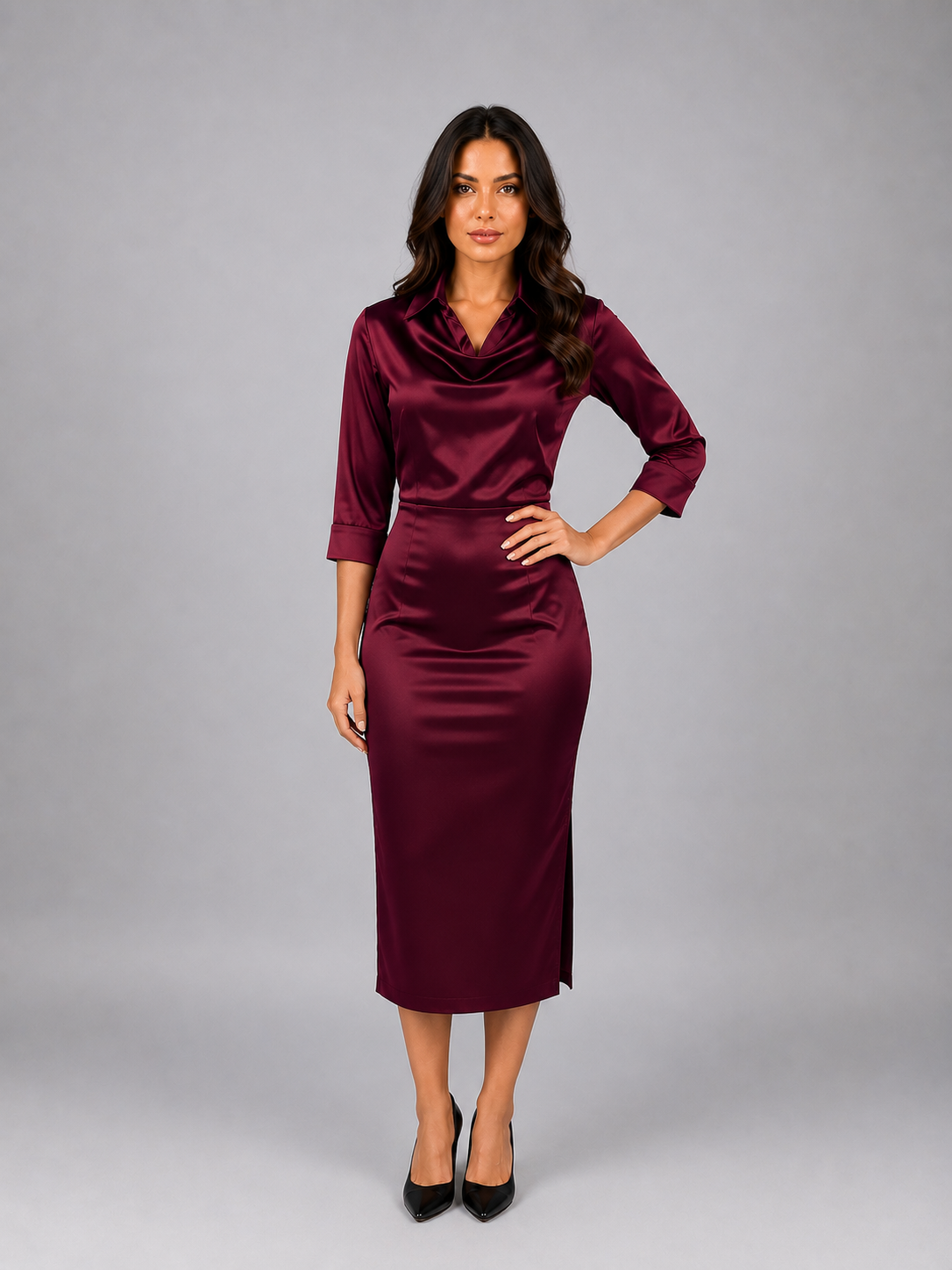 Abito Midi Donna Effetto Raso con Scollo a Cappuccio