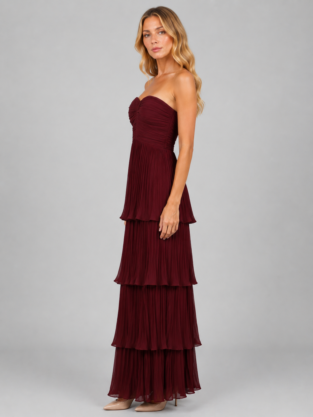 Abito Lungo Donna Strapless a Balze Bordeaux