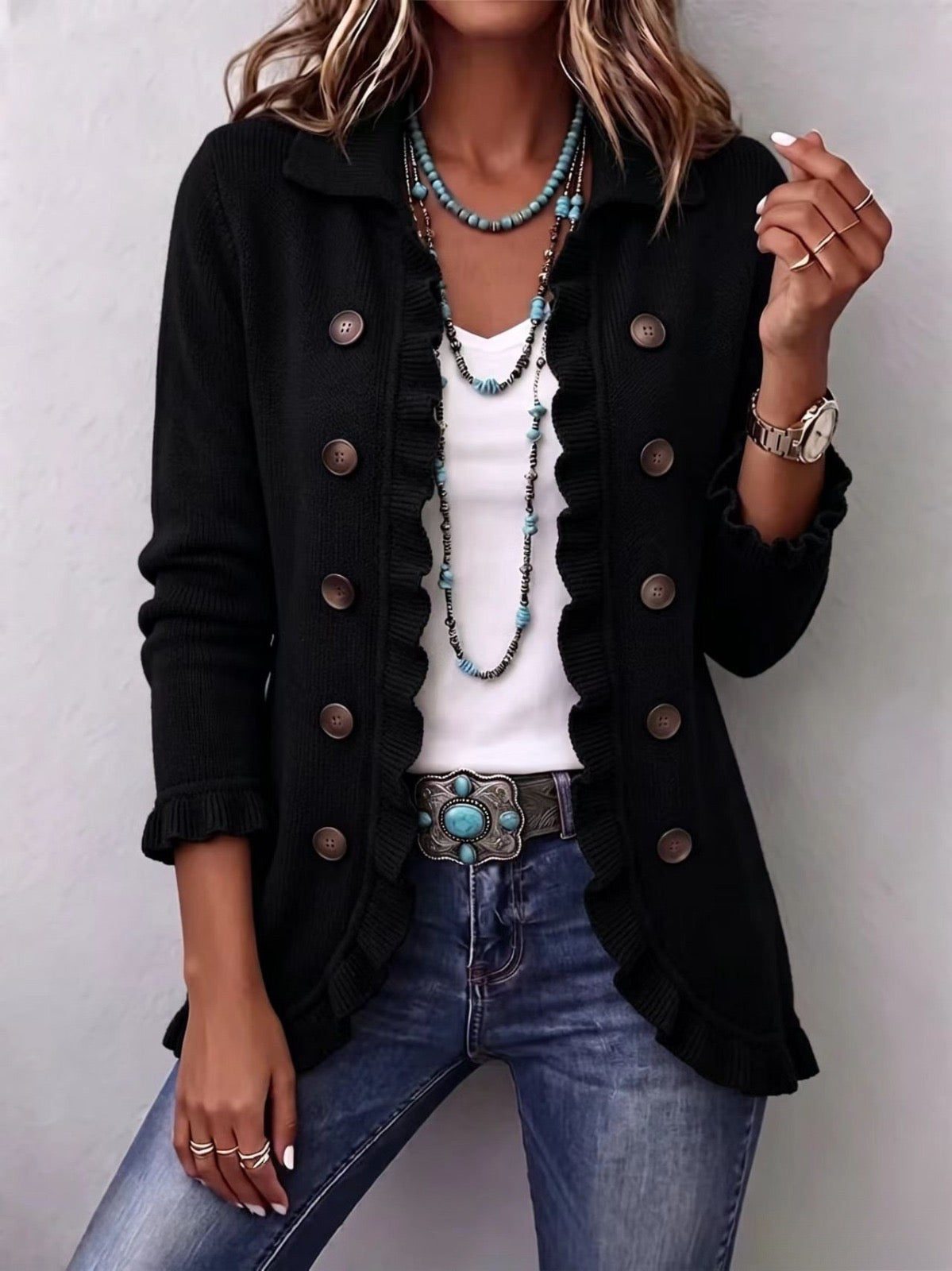 Camila | Giacca Donna in Maglia Nera con Volant