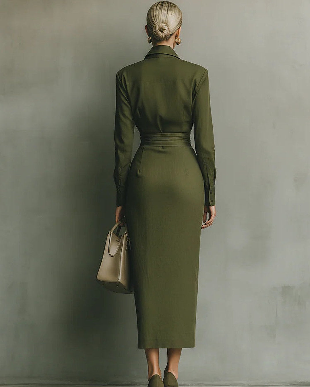 Natalia | Abito a Camicia con Gonna a Portafoglio, Verde Oliva