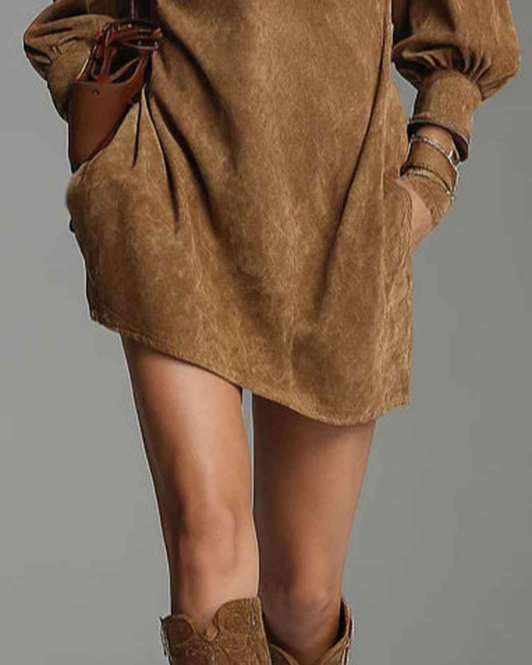 Lucrezia | Abito Morbido Effetto Suede con Zip, Marrone
