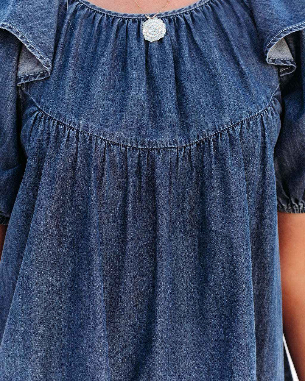 Abito Corto Donna in Jeans con Maniche a Sbuffo