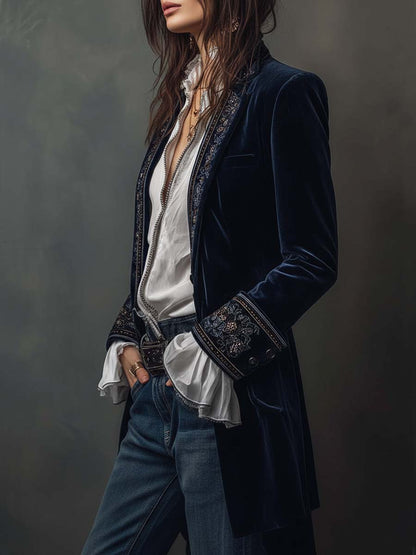 Ottavia | Giacca Lunga Donna Ricamata Blu Navy