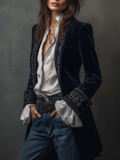 Ottavia | Giacca Lunga Donna Ricamata Blu Navy