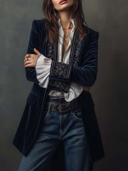 Ottavia | Giacca Lunga Donna Ricamata Blu Navy