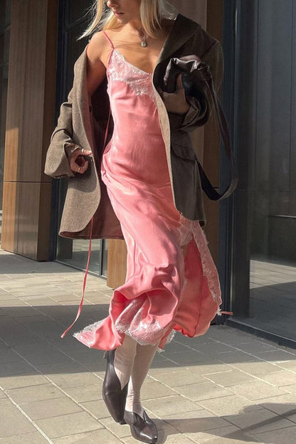 Abito Lungo Donna in Pizzo con Spacco Laterale