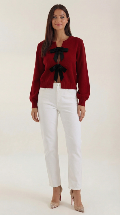 Top Donna in Maglia con Fiocco e Maniche Balloon