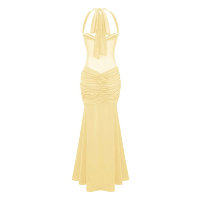 Abito Lungo Donna Halter con Drappeggio in Mesh