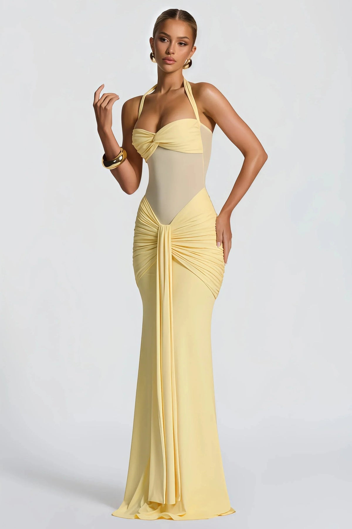 Abito Lungo Donna Halter con Drappeggio in Mesh