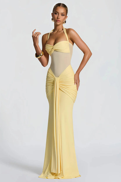 Abito Lungo Donna Halter con Drappeggio in Mesh