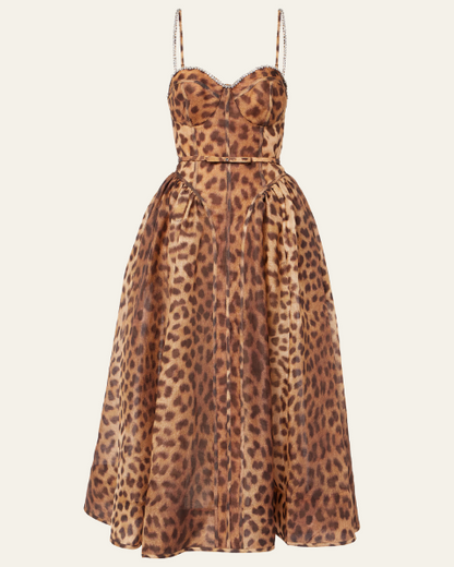 Abito Midi Donna Leopardato in Seta con Corsetto