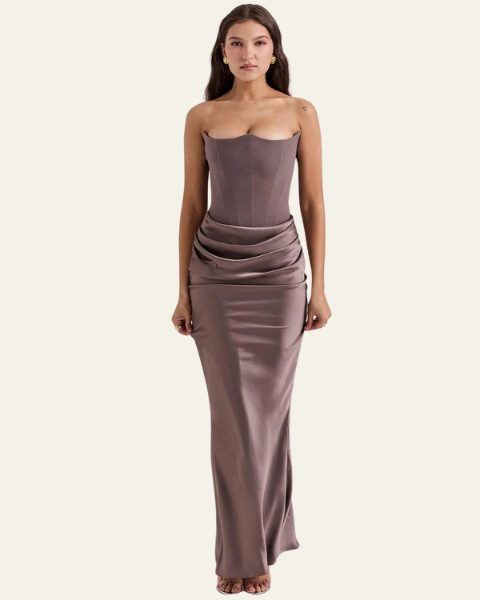 Abito Lungo Donna Strapless in Raso Drappeggiato