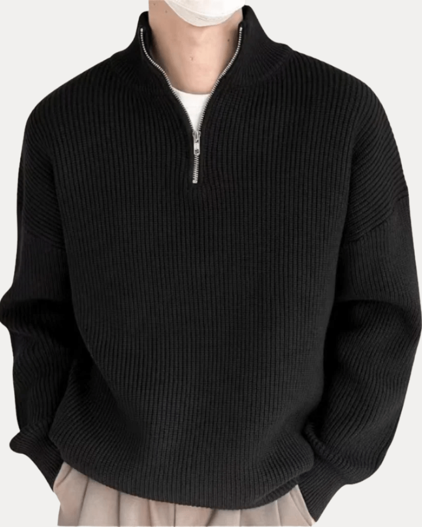 Maglione Uomo Mezza Zip in Maglia Misto Lana a Coste Caldo