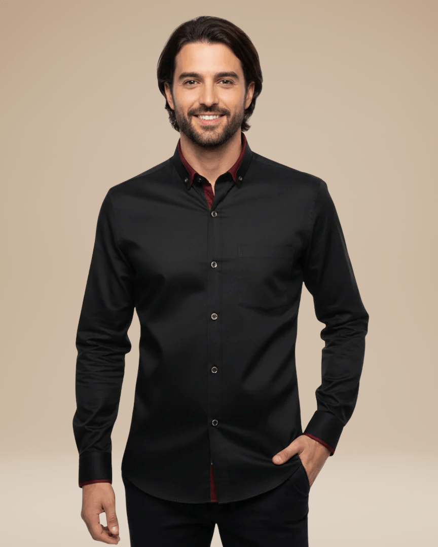 Camicia Uomo Elegante Dettagli a Contrasto sul Colletto