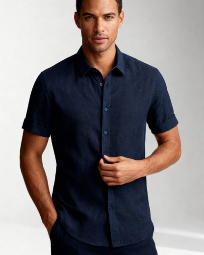Camicia Uomo Maniche Corte Riviera Navy Raffinata Traspirante