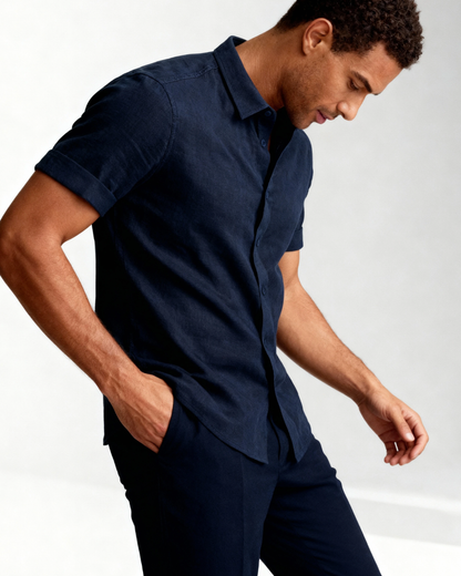 Camicia Uomo Maniche Corte Riviera Navy Raffinata Traspirante