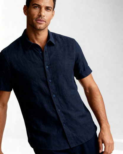 Camicia Uomo Maniche Corte Riviera Navy Raffinata Traspirante