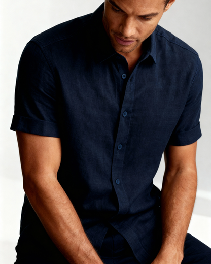 Camicia Uomo Maniche Corte Riviera Navy Raffinata Traspirante
