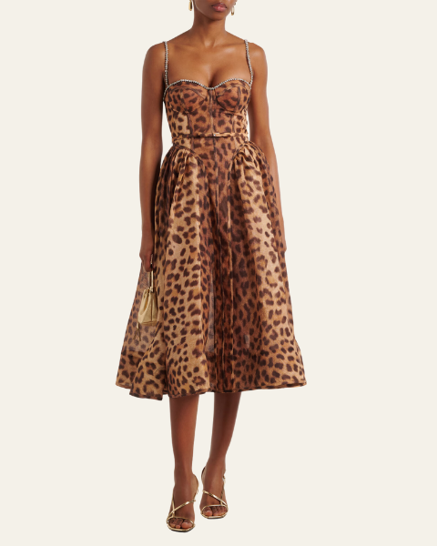 Abito Midi Donna Leopardato in Seta con Corsetto