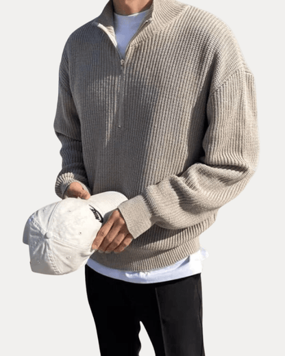 Maglione Uomo Mezza Zip in Maglia Misto Lana a Coste Caldo