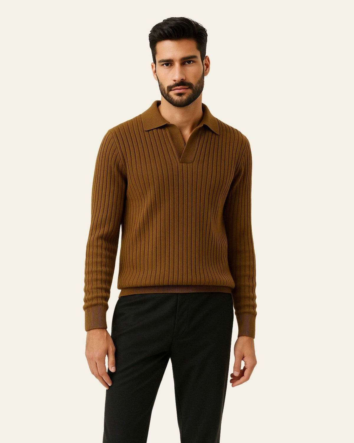 Polo Uomo in Maglia a Coste Misto Lana Calda Texture Lanosa