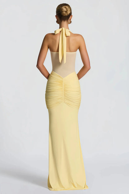 Abito Lungo Donna Halter con Drappeggio in Mesh