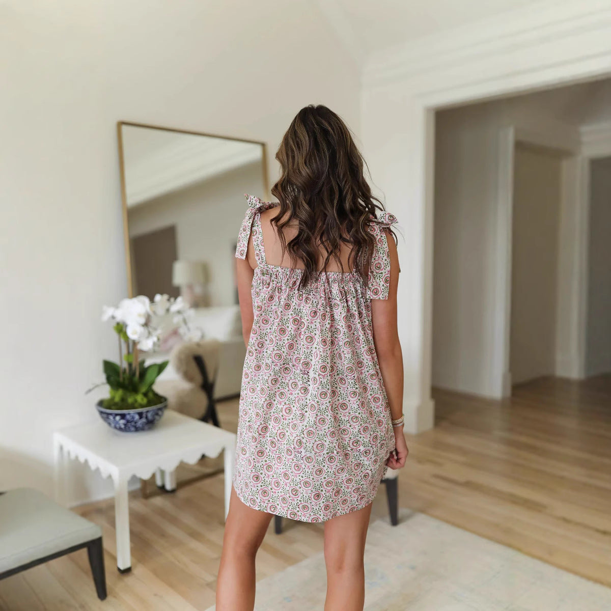 Abito Corto Donna Stampato con Spalline a Fiocco