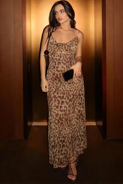 Abito Lungo Donna Leopardato Satinato