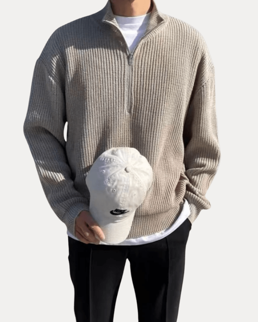 Maglione Uomo Mezza Zip in Maglia Misto Lana a Coste Caldo
