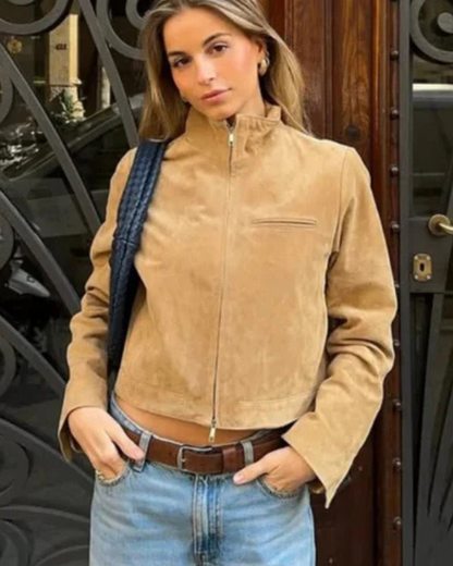 Giacca Corta Donna Scamosciata con Collo a Stand