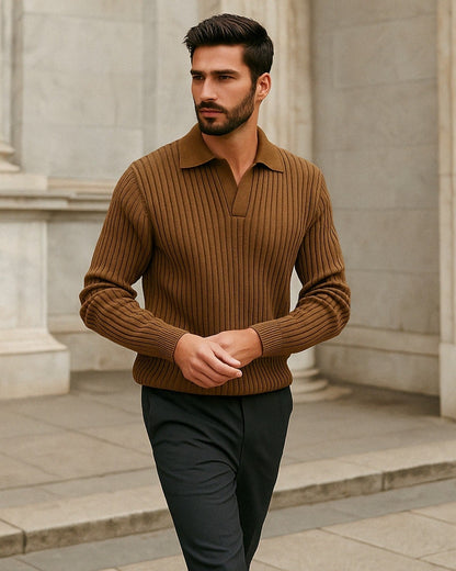 Polo Uomo in Maglia a Coste Misto Lana Calda Texture Lanosa
