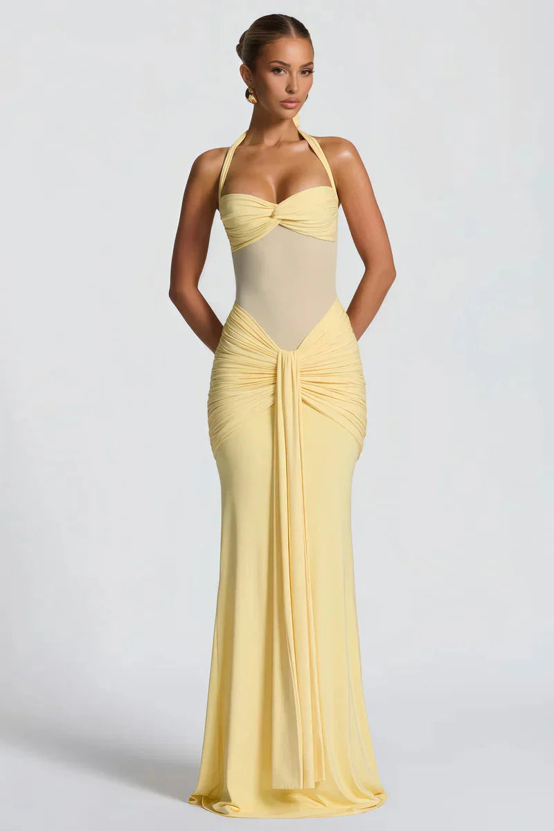 Abito Lungo Donna Halter con Drappeggio in Mesh
