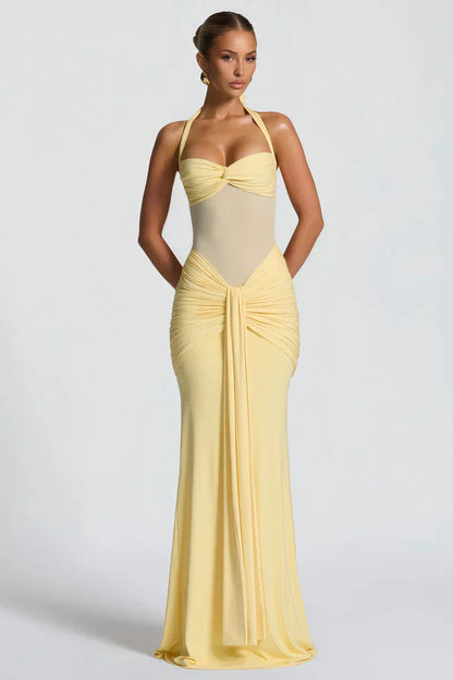 Abito Lungo Donna Halter con Drappeggio in Mesh