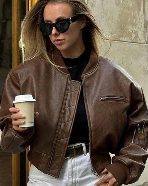 Bomber Corto Donna in Pelle Vegana Cioccolato