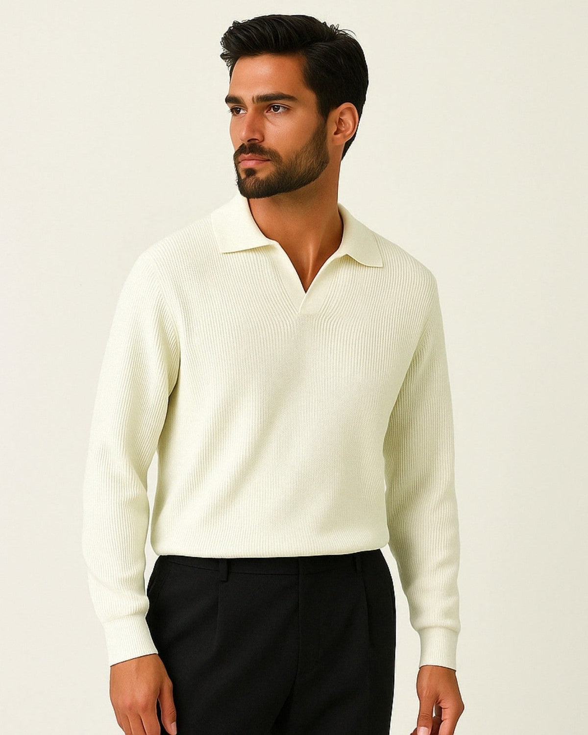 Polo Uomo in Maglia Scollo a V Poliestere Texture Lanuginosa
