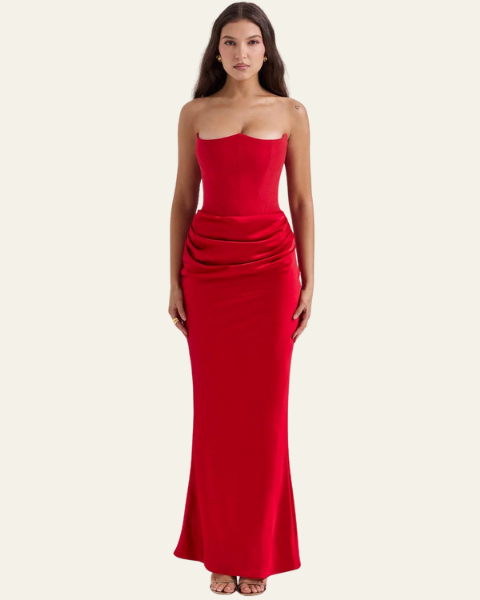 Abito Lungo Donna Strapless in Raso Drappeggiato
