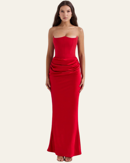 Abito Lungo Donna Strapless in Raso Drappeggiato