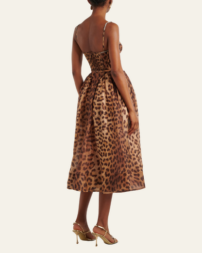 Abito Midi Donna Leopardato in Seta con Corsetto